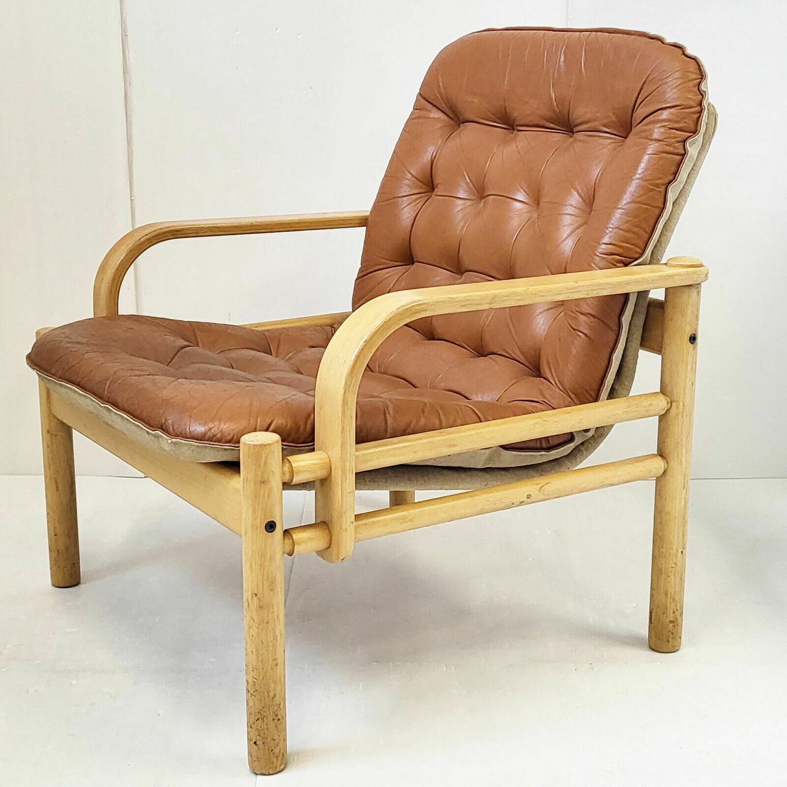 Vintage 1960 Scandinavian Armchair In Havana Leather & Light Beech 60s 1960s