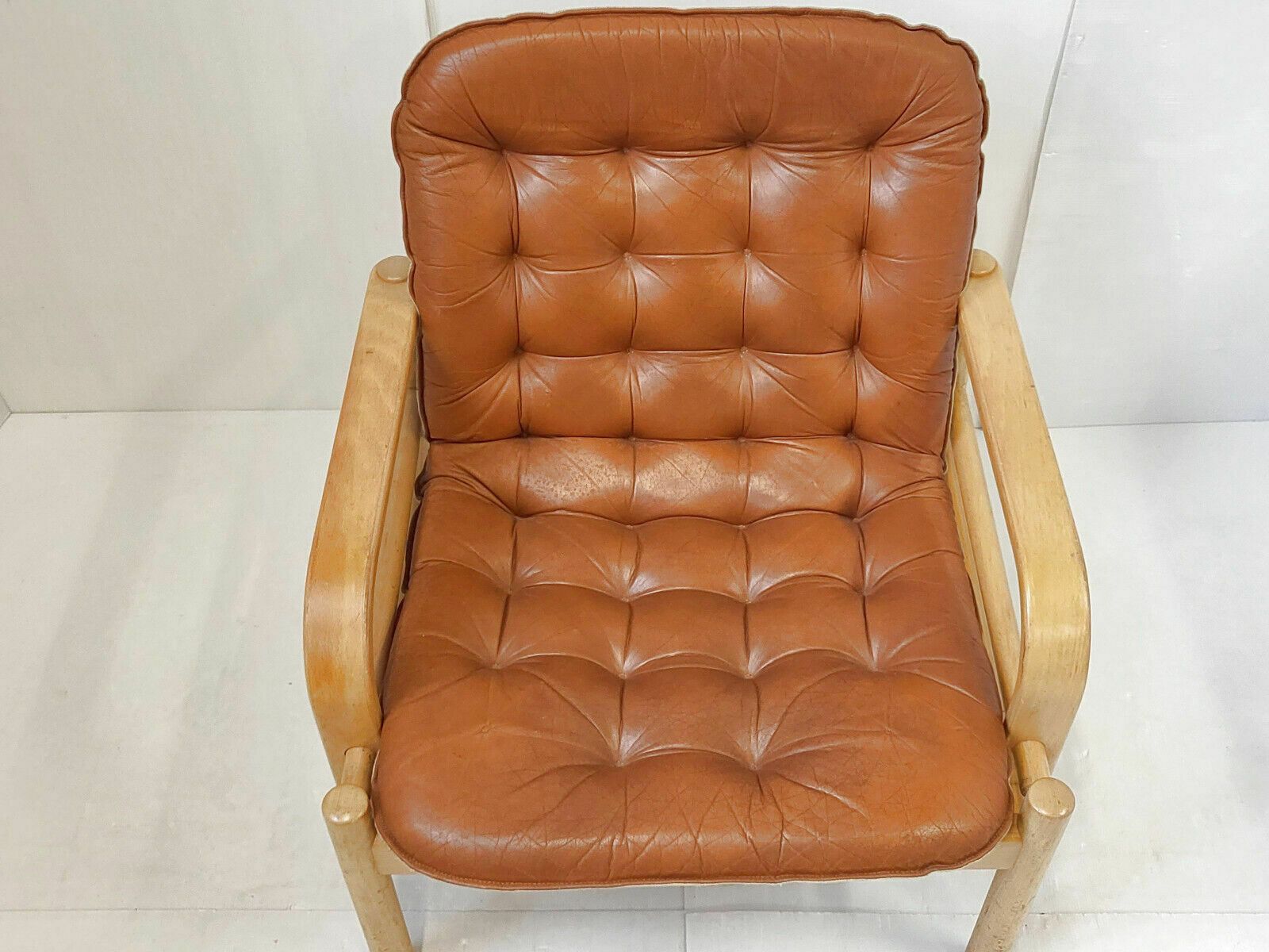 Vintage 1960 Scandinavian Armchair In Havana Leather & Light Beech 60s 1960s photo 791.0