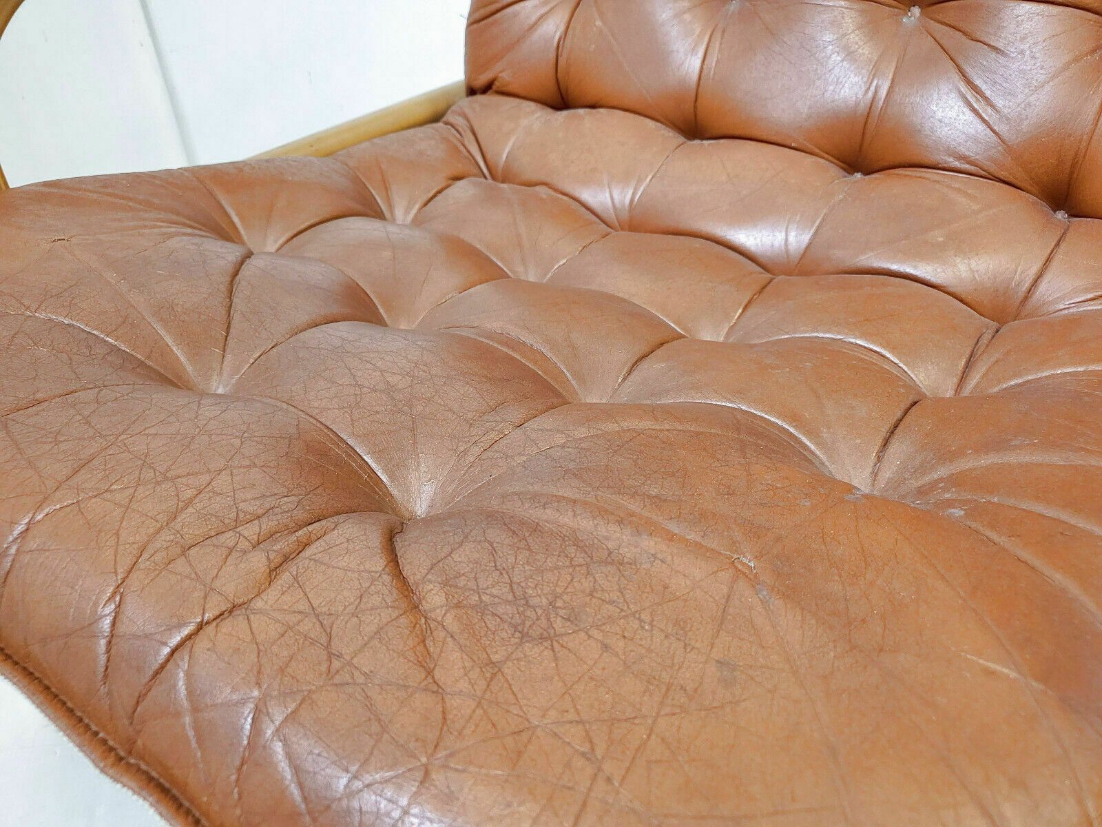 Vintage 1960 Scandinavian Armchair In Havana Leather & Light Beech 60s 1960s photo buy