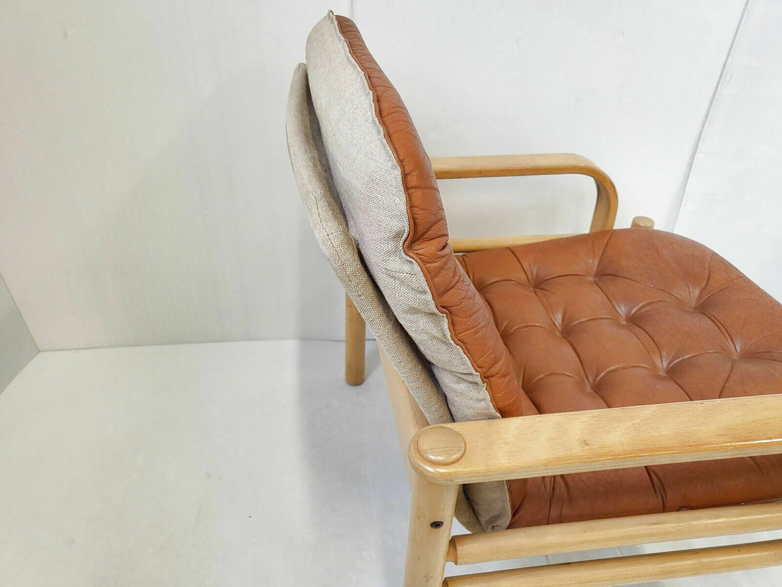 Furniture Vintage 1960 Scandinavian Armchair In Havana Leather & Light Beech 60s 1960s photo