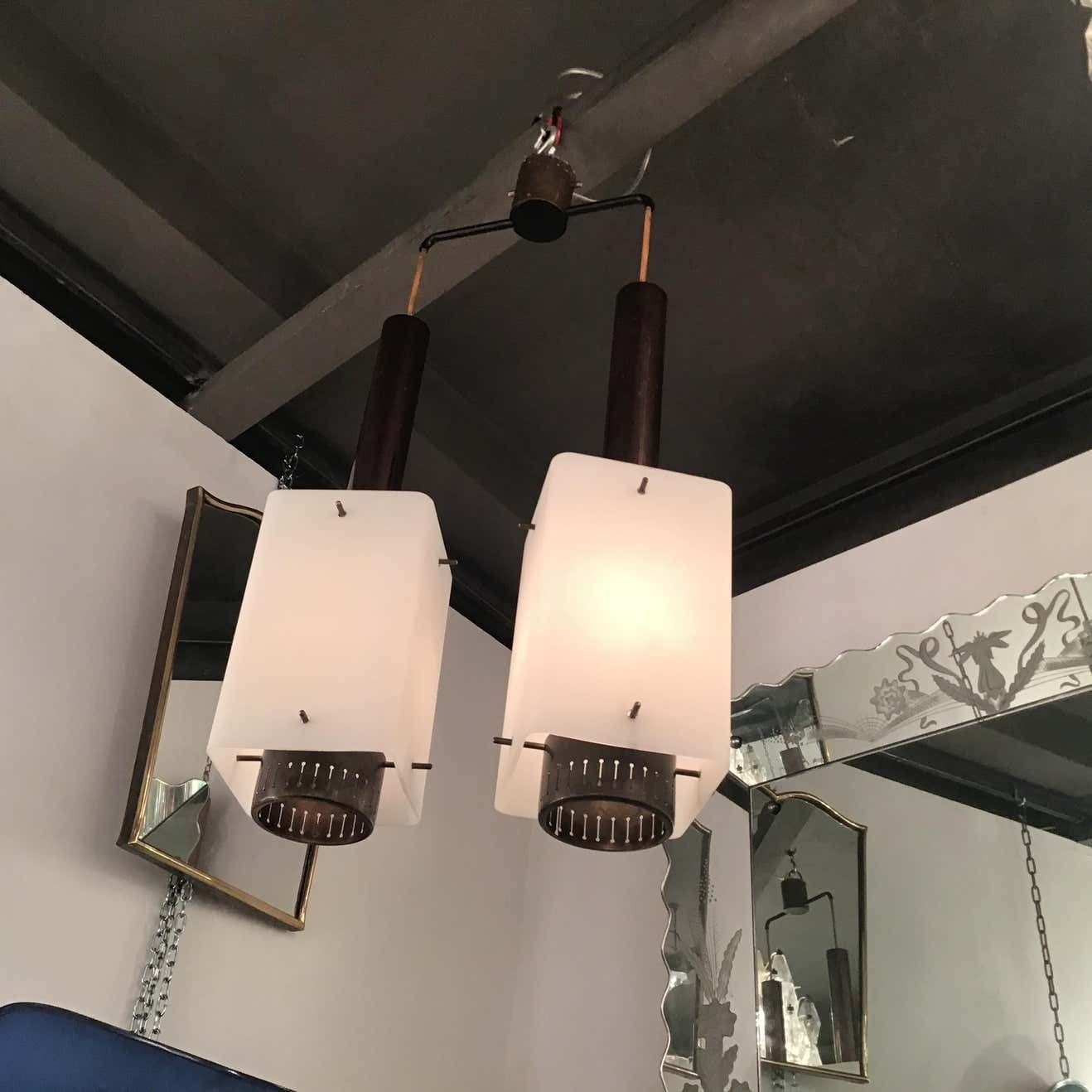 Stilnovo Chandelier Glass Brass Iron 1950 Italy photo Lighting