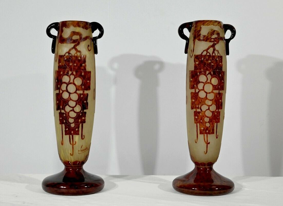 Pair Of “French Glass” Vases, Signed Charder, Art Deco – 1920