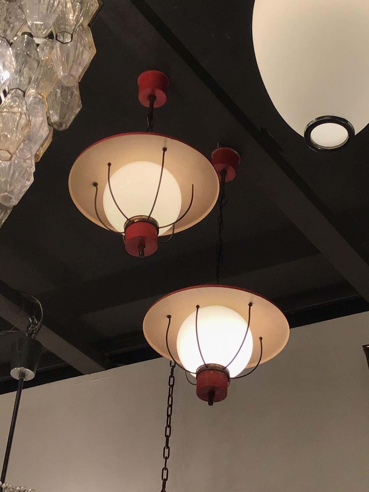 Stilnovo Couple Chandeliers Glass Metal Brass 1950 Italy photo for sale