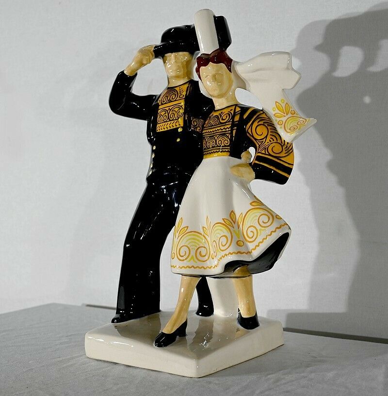 “Couple Of Bigoudens Dancers” Earthenware, By R.Micheau Vernez, Manufacture Henriot Quimper – Mid 20th Century photo for sale