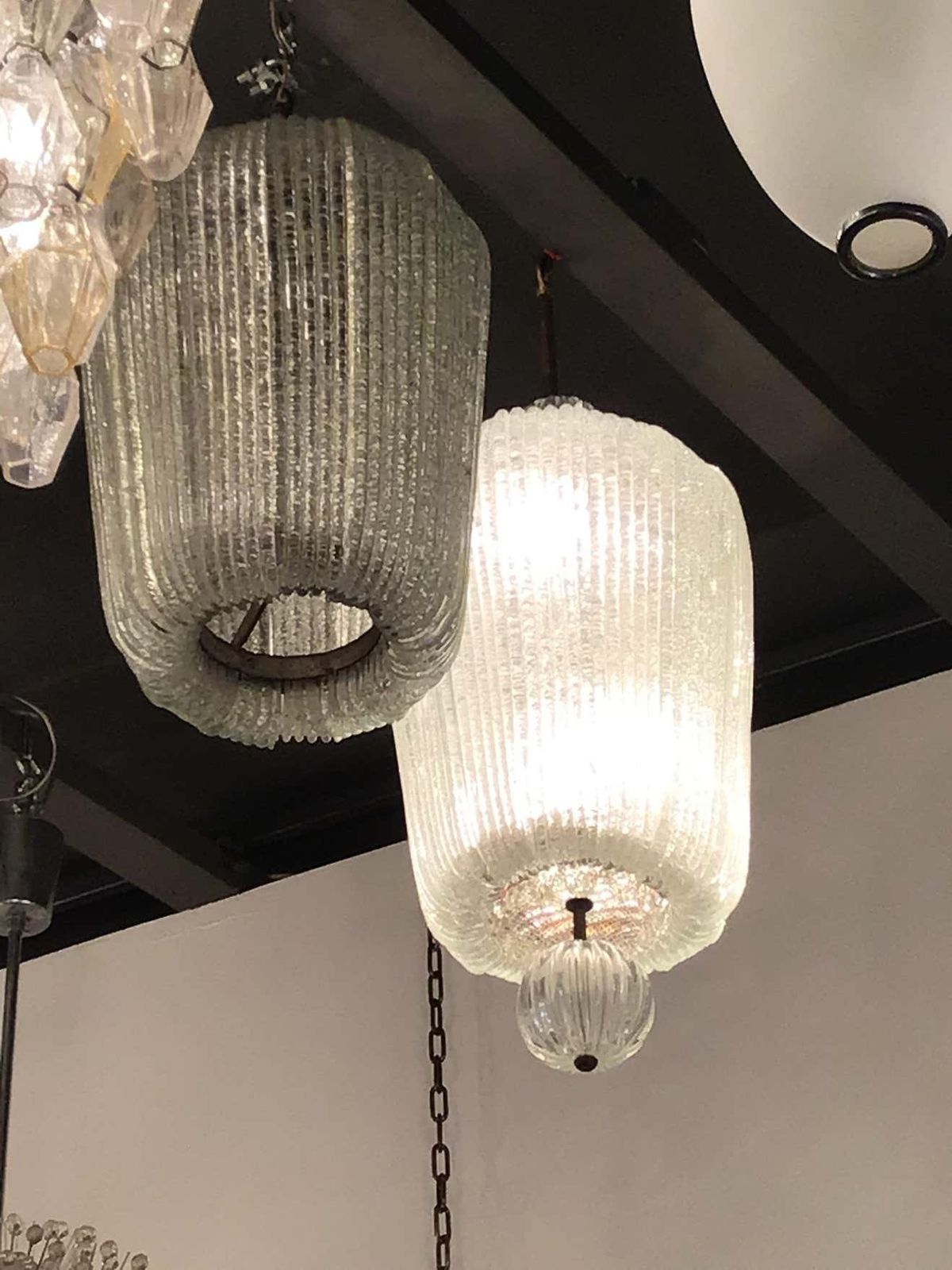 photo for sale Venini Couple Chandeliers Murano Glass Iron Brass 1940 Italy