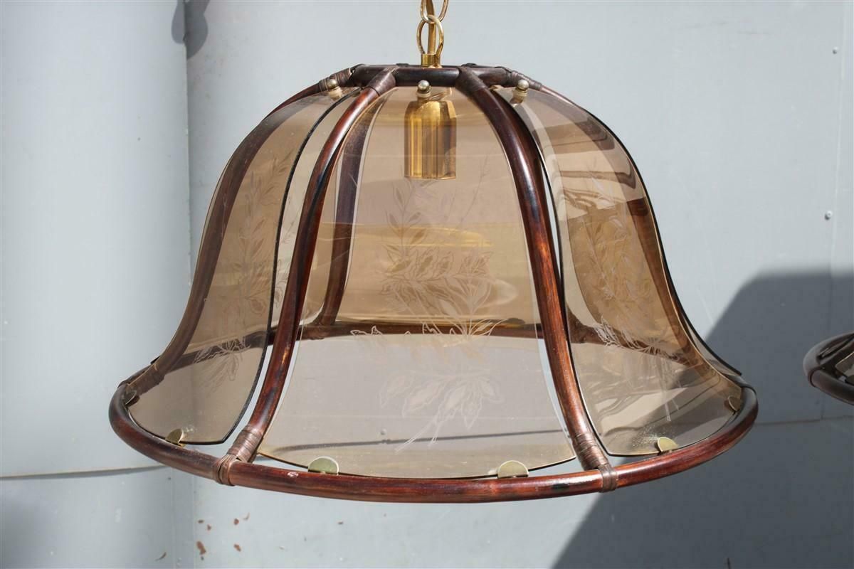 Pair Of Round Dome Chandeliers Bamboo Glass Decorated With Leaves, Italy photo 3022.0