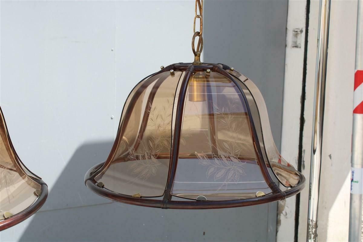 Pair Of Round Dome Chandeliers Bamboo Glass Decorated With Leaves, Italy photo vinterior