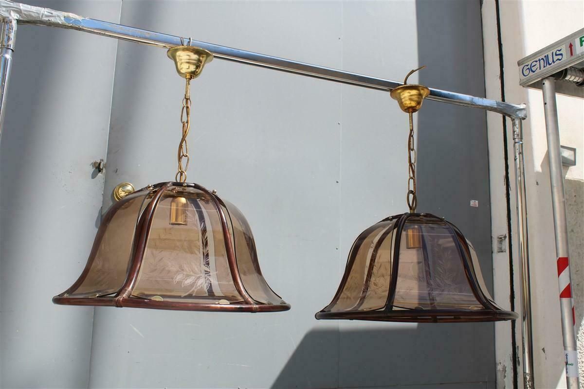 Pair Of Round Dome Chandeliers Bamboo Glass Decorated With Leaves, Italy photo buy