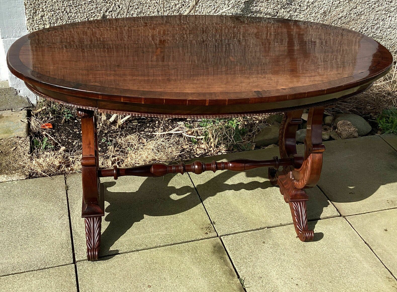 Early 19th C. Continental Biedermeier Mahogany Centre Table. Lyre. Dog Masks