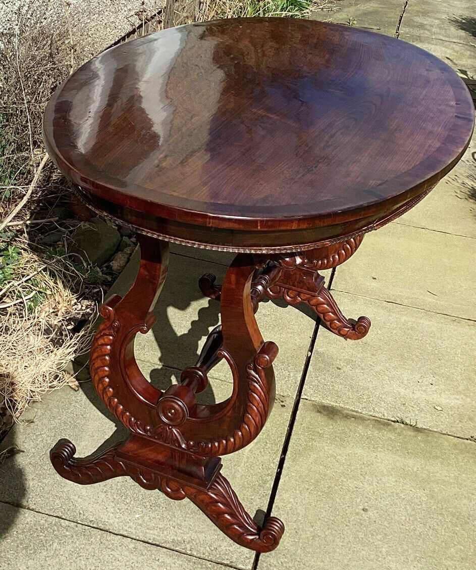 Early 19th C. Continental Biedermeier Mahogany Centre Table. Lyre. Dog Masks photo furniture