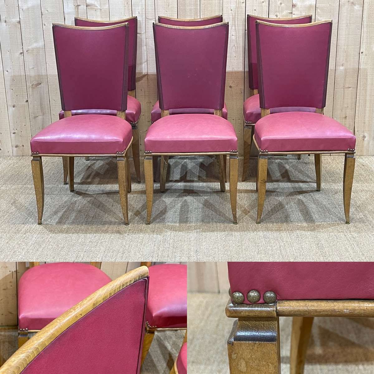 Suite Of 6 Beech And Skai Chairs In The Style Of Jules Leleu photo for sale