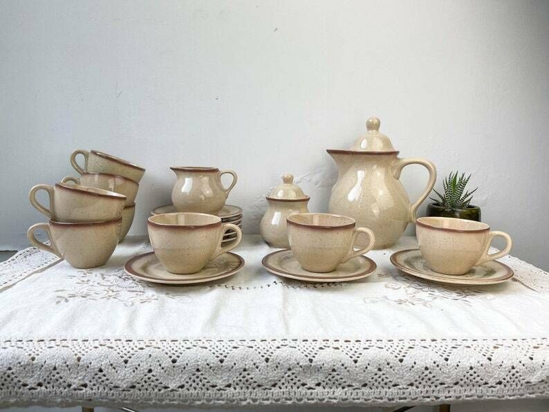 Coffee Service In Speckled Vintage  Sandstone Tulowice Style Mid Century Xxth  Beige Cups Poland Tableware