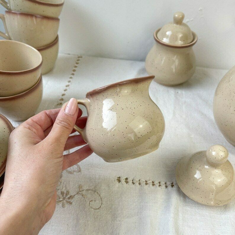 photo furniture Coffee Service In Speckled Vintage  Sandstone Tulowice Style Mid Century Xxth  Beige Cups Poland Tableware