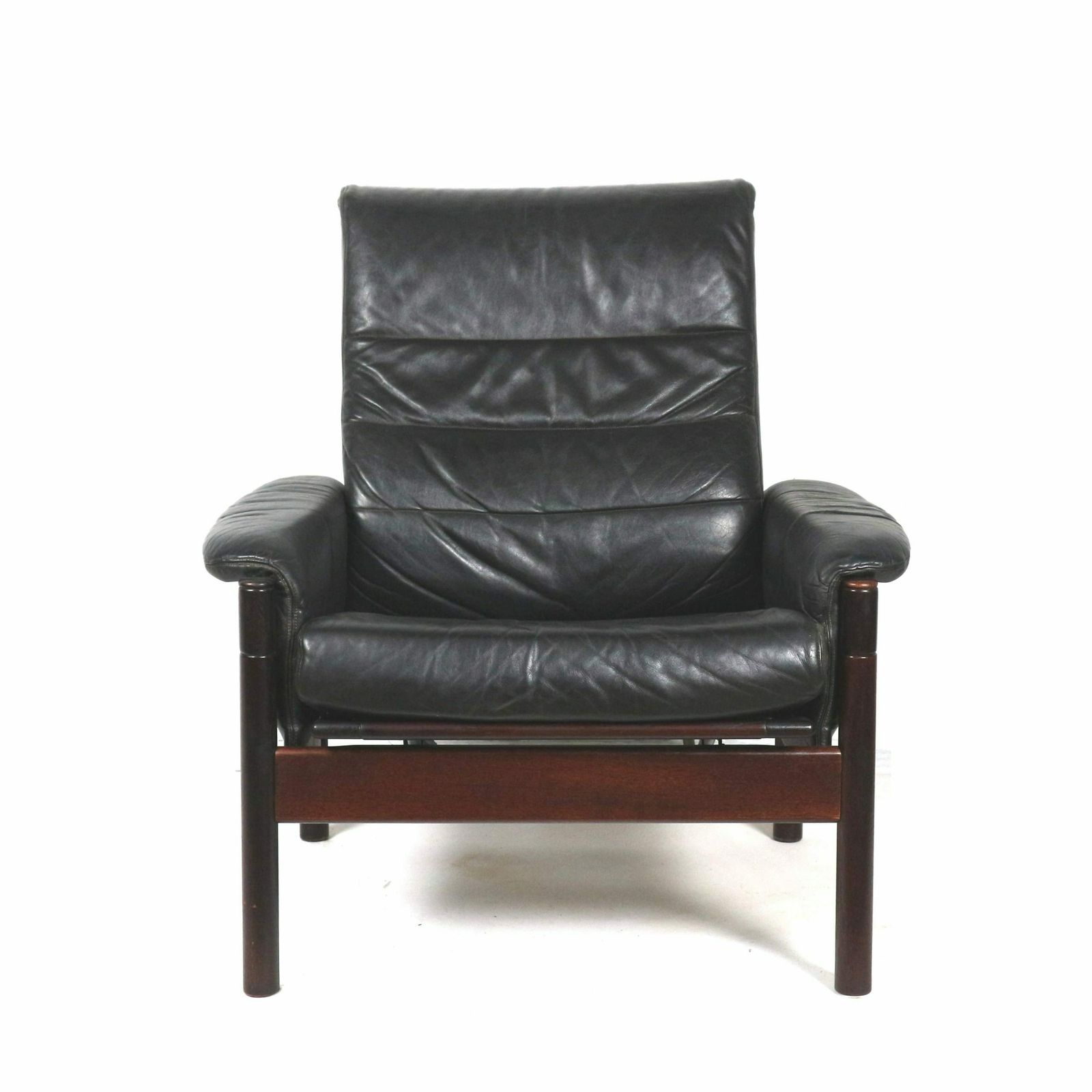 Black Leather Armchair With Beautiful Wooden Frame Made In The 60s photo for sale