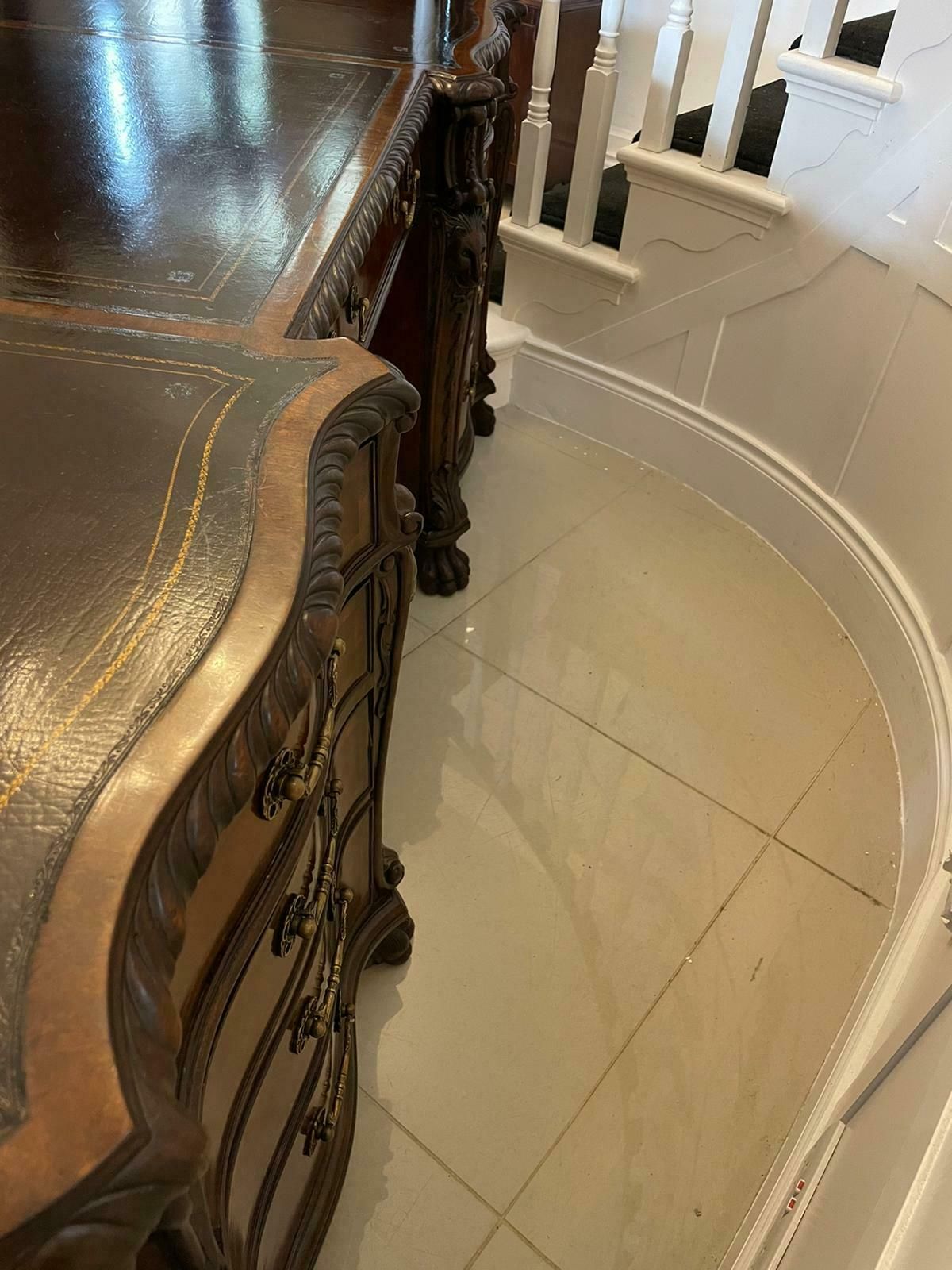 Outstanding Quality Large Antique Carved Figured Mahogany Serpentine Shaped Partners Desk photo furniture