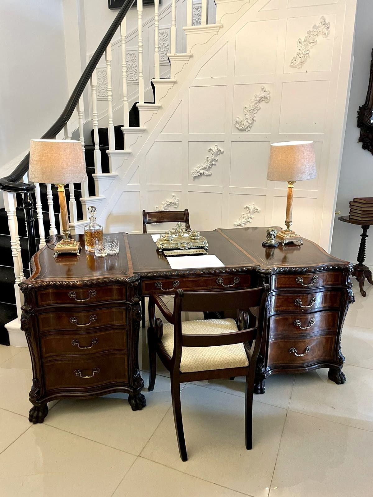 Furniture Outstanding Quality Large Antique Carved Figured Mahogany Serpentine Shaped Partners Desk photo