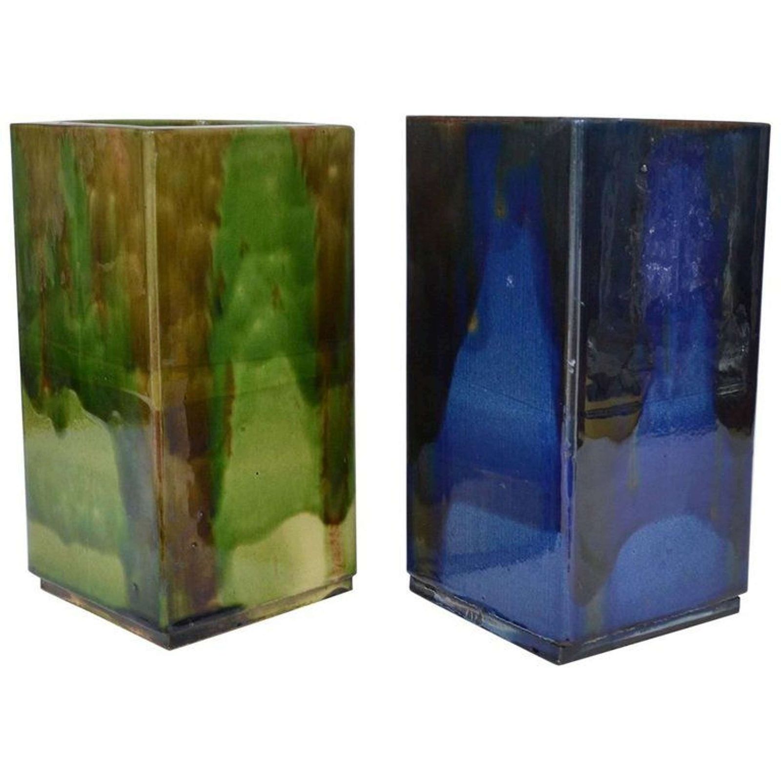 Pair Of French Square Studio Pottery Vases In Blue & Sage