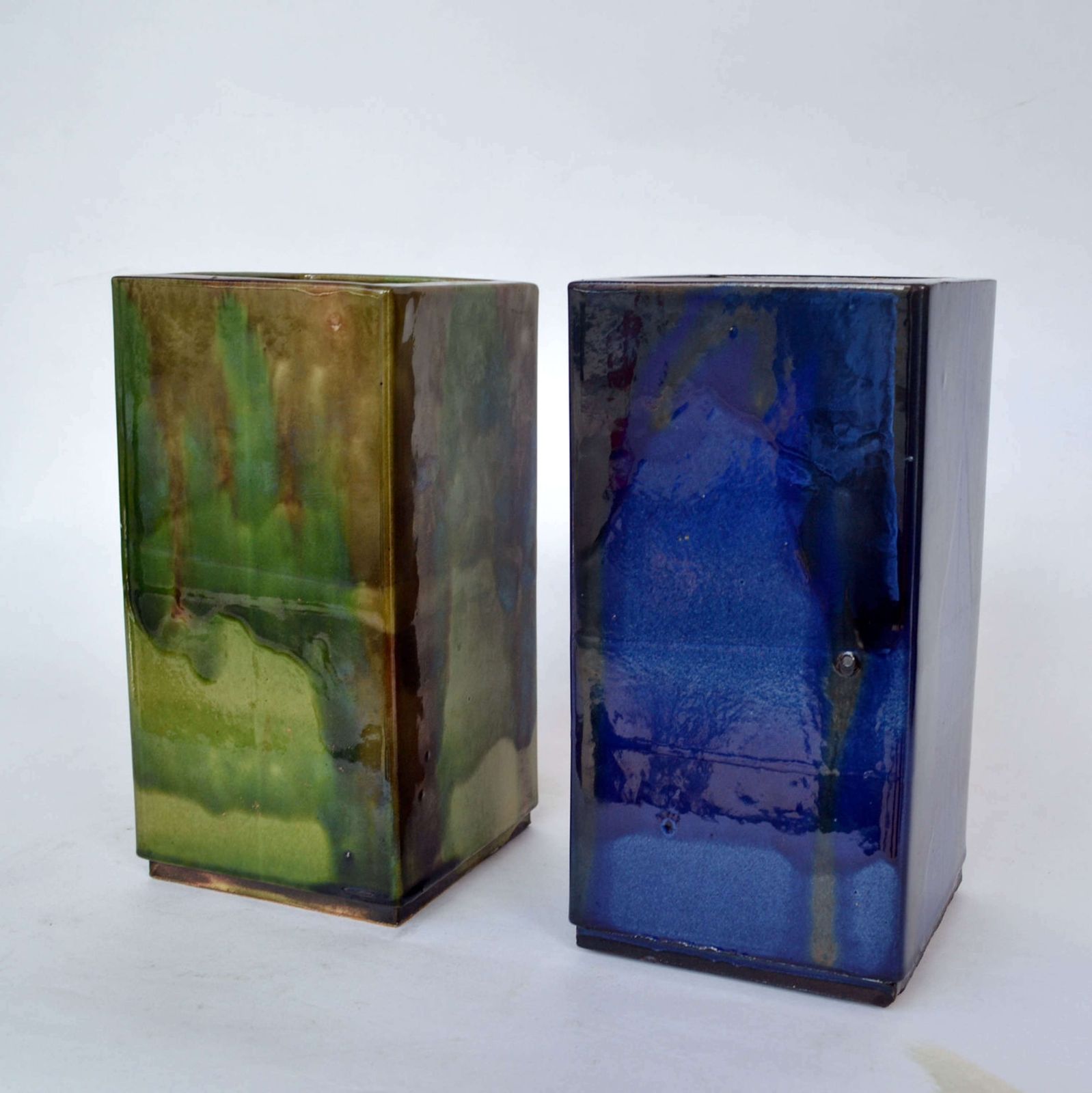 Pair Of French Square Studio Pottery Vases In Blue & Sage photo Home Decor
