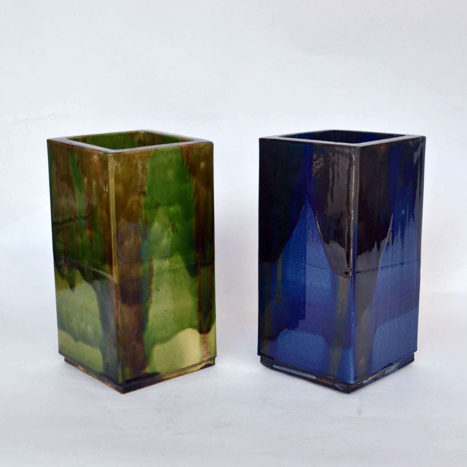 Pair Of French Square Studio Pottery Vases In Blue & Sage photo vinterior