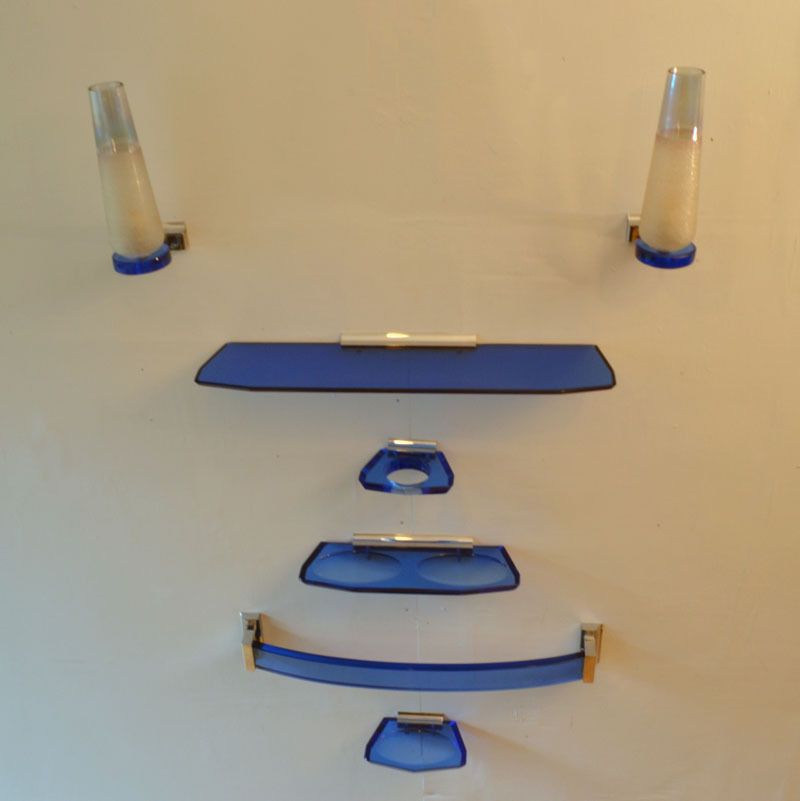 1960s Italian Bathroom Set In Blue Glass And Chrome Attributed To Fontana Arte photo for sale