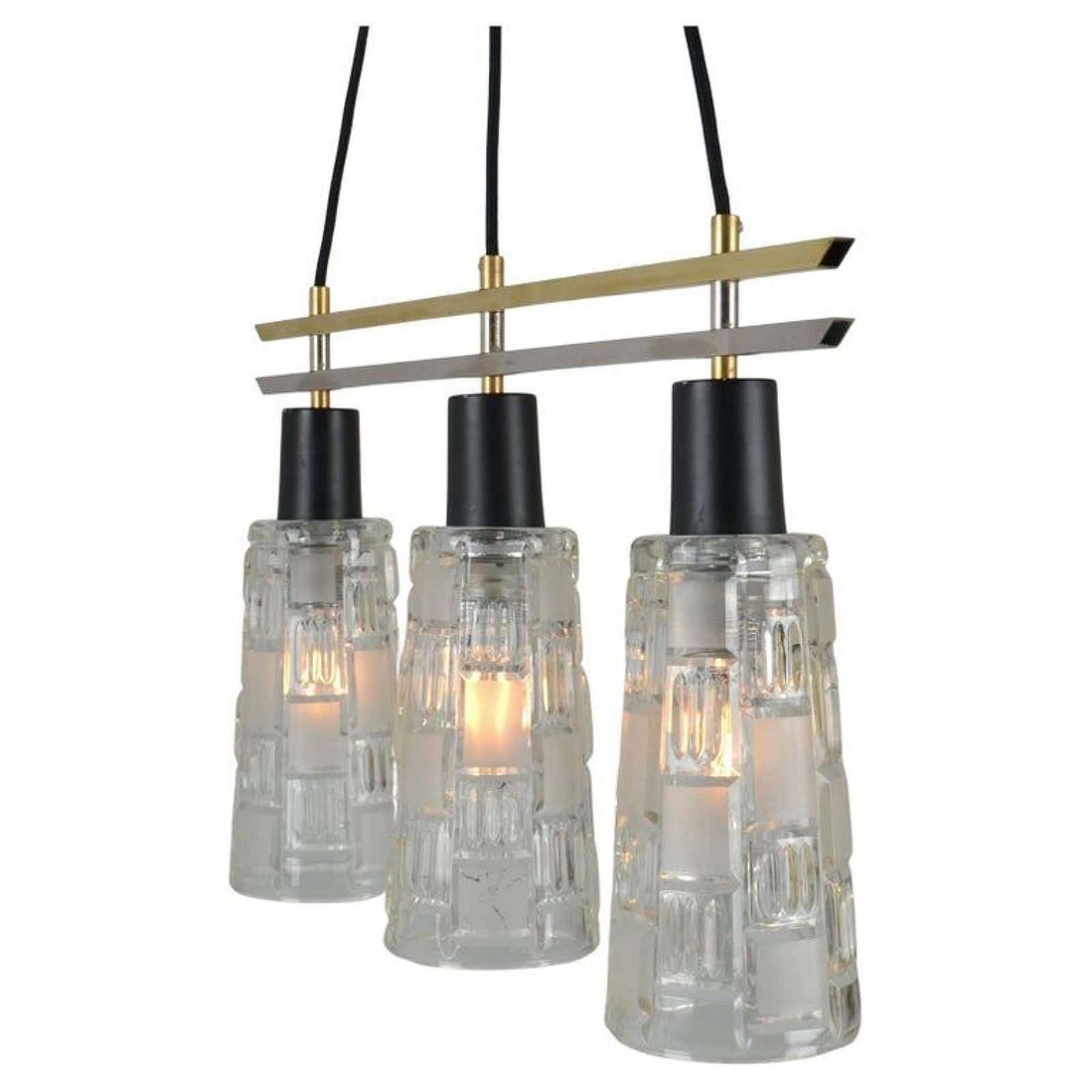 Triple Light Chandelier In Brass Chrome And Clear Glass 1960's photo vinterior