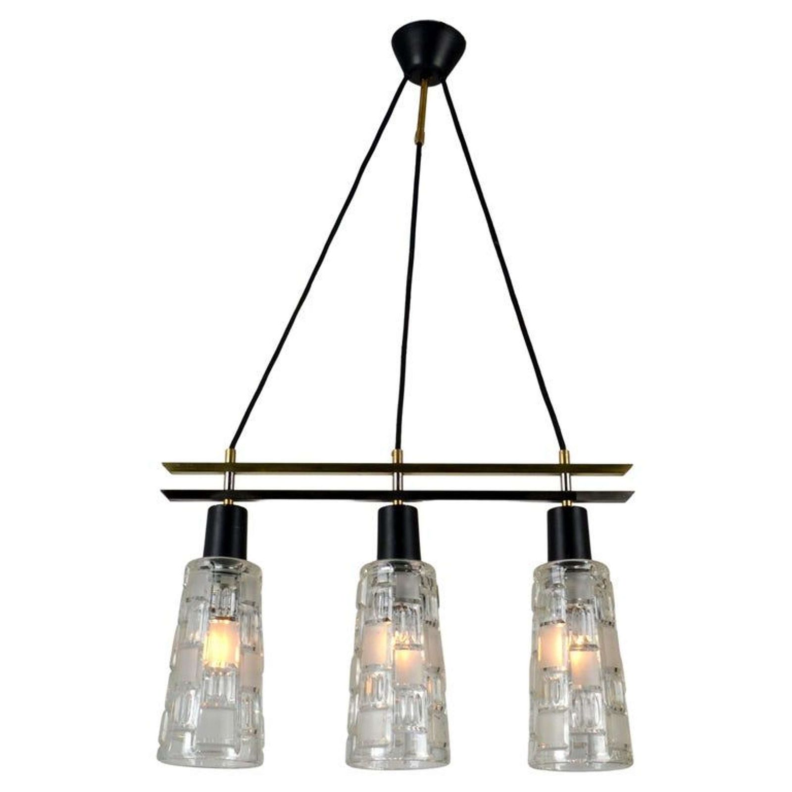 photo furniture Triple Light Chandelier In Brass Chrome And Clear Glass 1960's