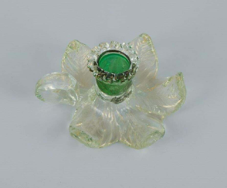 Murano Italy A Pair Of Low Candlesticks In Green And Clear Art Glass 1960 70s photo Home Decor
