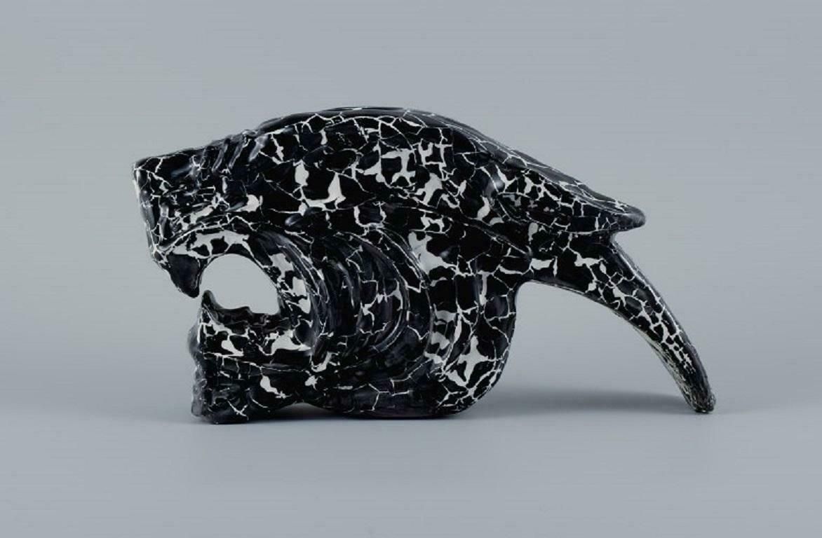 Roger Guerin (1896 1954). Unique Sculpture In Black Glazed Ceramic. Tiger Head. photo furniture