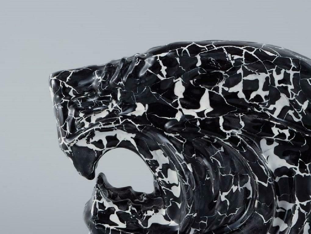 Roger Guerin (1896 1954). Unique Sculpture In Black Glazed Ceramic. Tiger Head. photo for sale