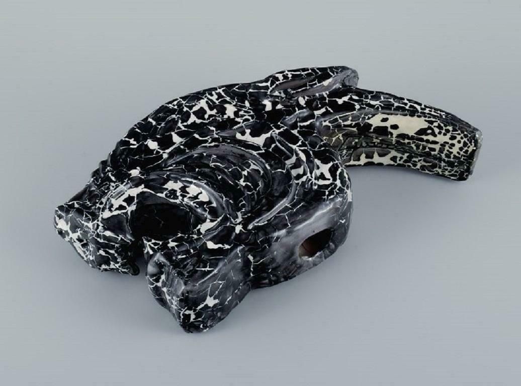 Roger Guerin (1896 1954). Unique Sculpture In Black Glazed Ceramic. Tiger Head. photo Art