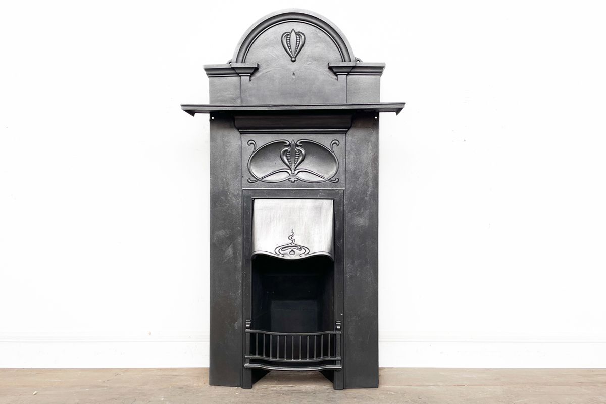 Tall Antique Edwardian Art  Nouveau Cast Iron Combination Fireplace