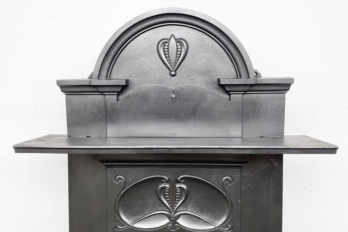 Tall Antique Edwardian Art  Nouveau Cast Iron Combination Fireplace photo vinterior