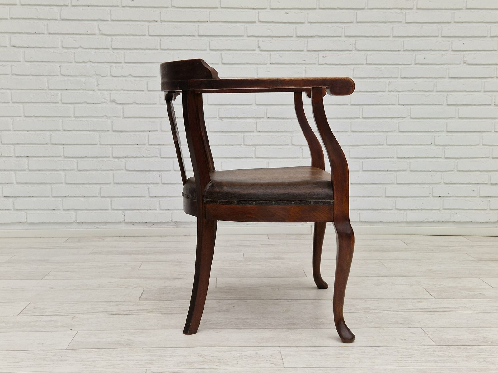 1950s, Scandinavian Vintage Armchair, Original Condition, Leather, Oak Wood. photo for sale