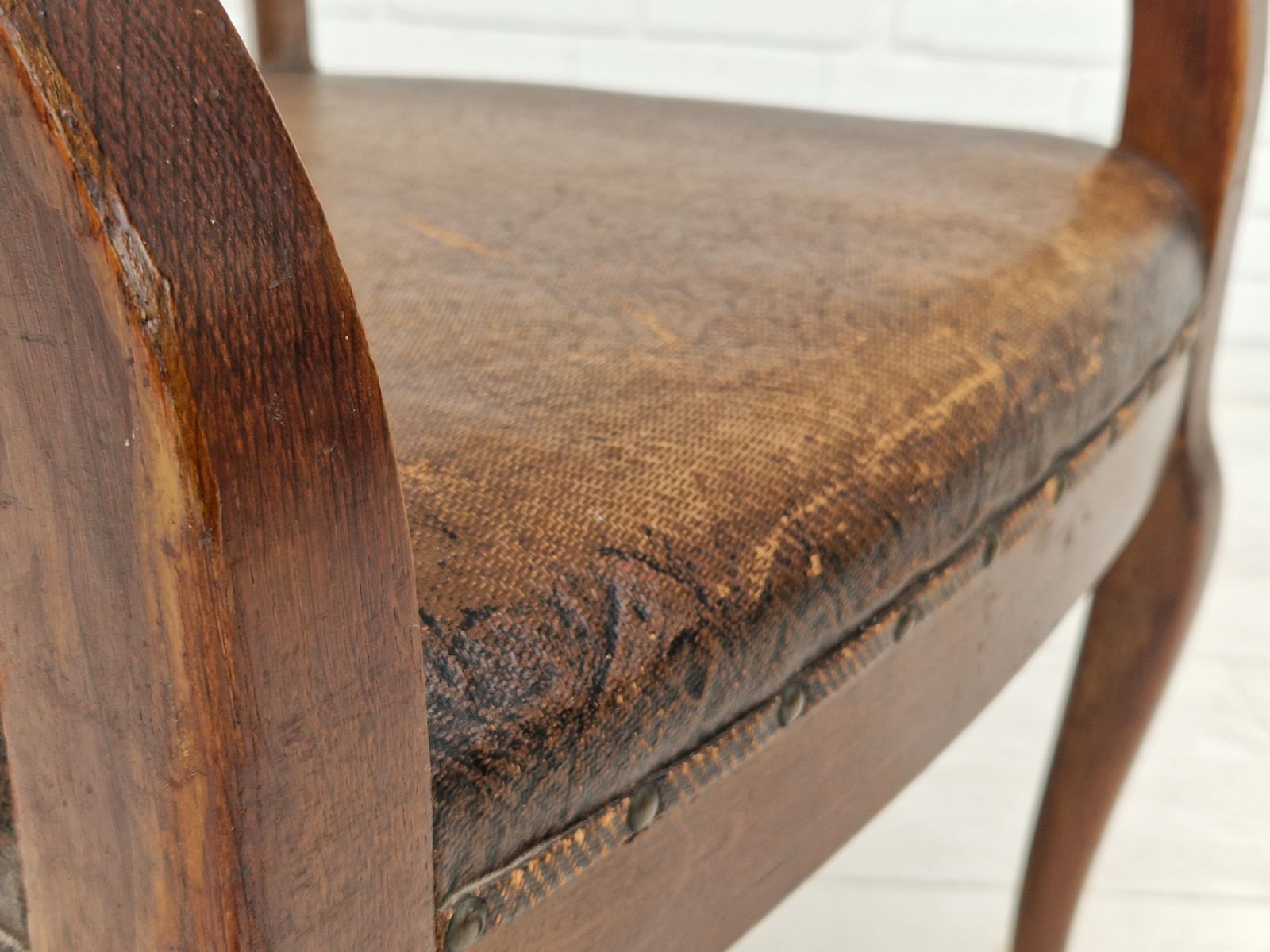 1950s, Scandinavian Vintage Armchair, Original Condition, Leather, Oak Wood. photo Furniture