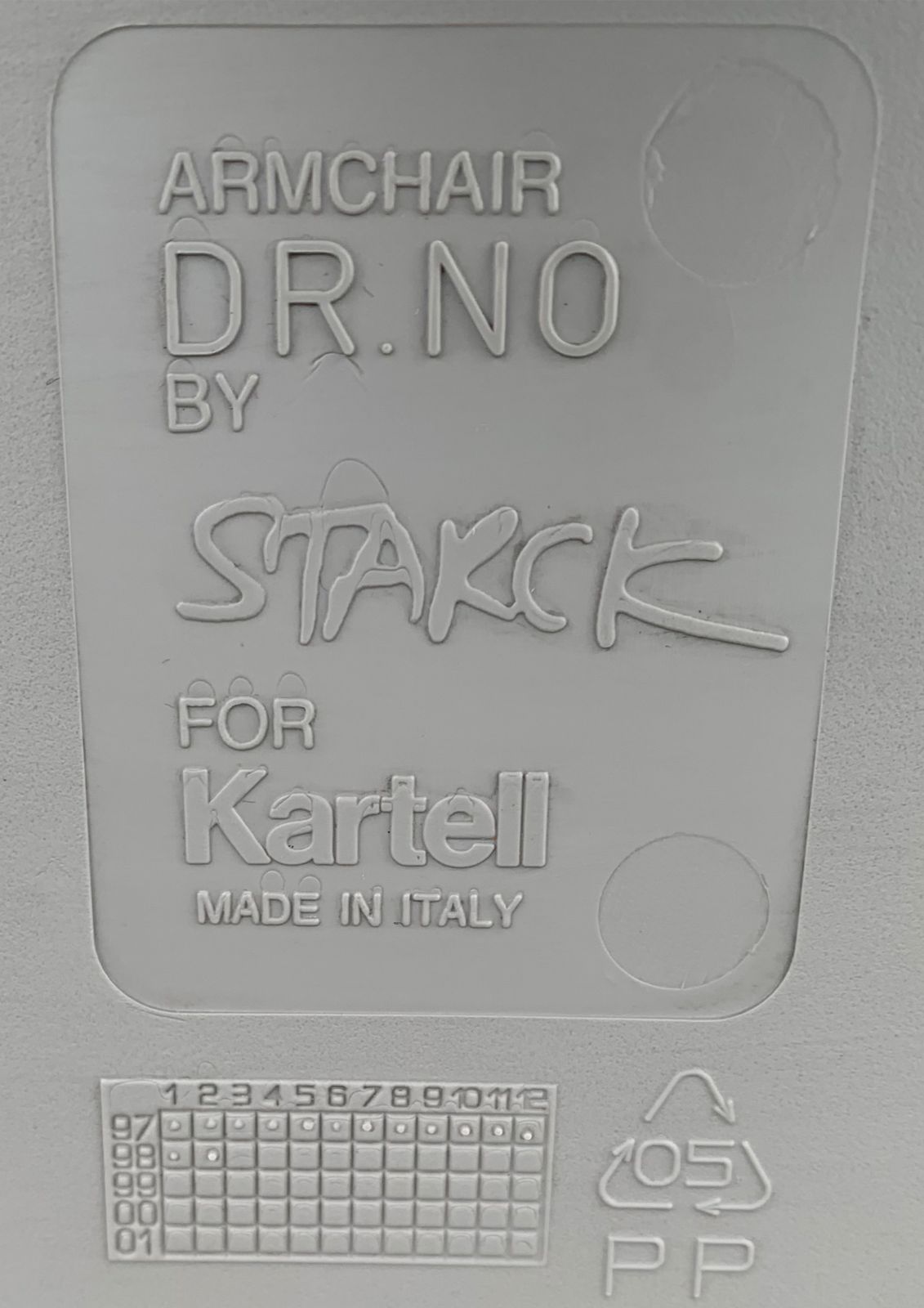 Philippe Starck Grey The DR. No Arm Chair A Stackable Iconic Chair Manufactured In Italy By Kartell 1990's Two In Stock Price Per Item Ol photo for sale