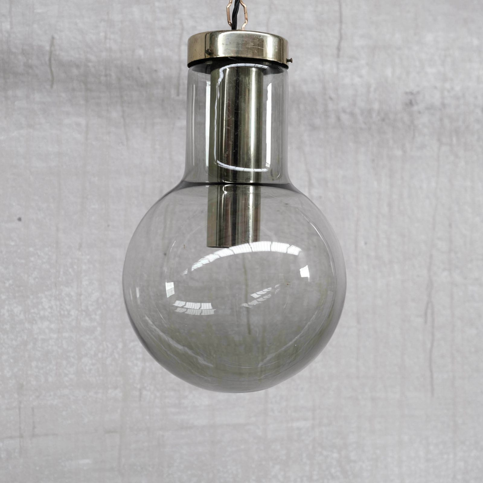 photo furniture Large Smoked Mid Century Glass And Brass Pendant Lights By Raak (2 Available)