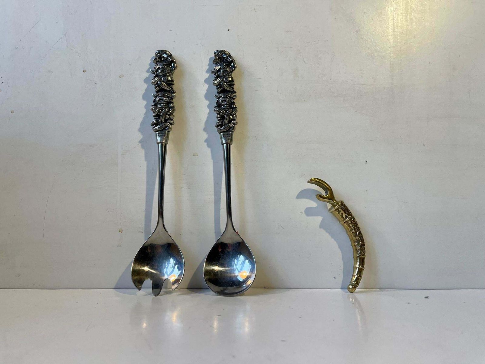 Vintage A. S. Tinn Per Viking Salad Set And Bottle Opener  Norwegian photo vinterior