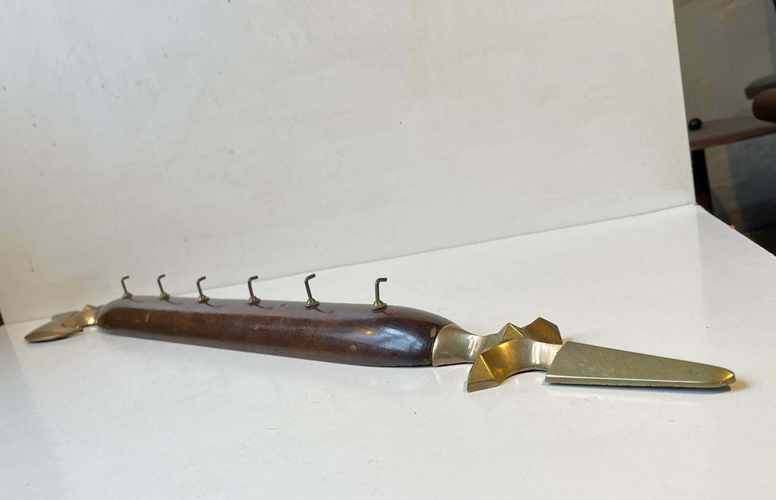 Antique Battle Axe Key Or Towel Rack In Brass And Mahogany photo furniture