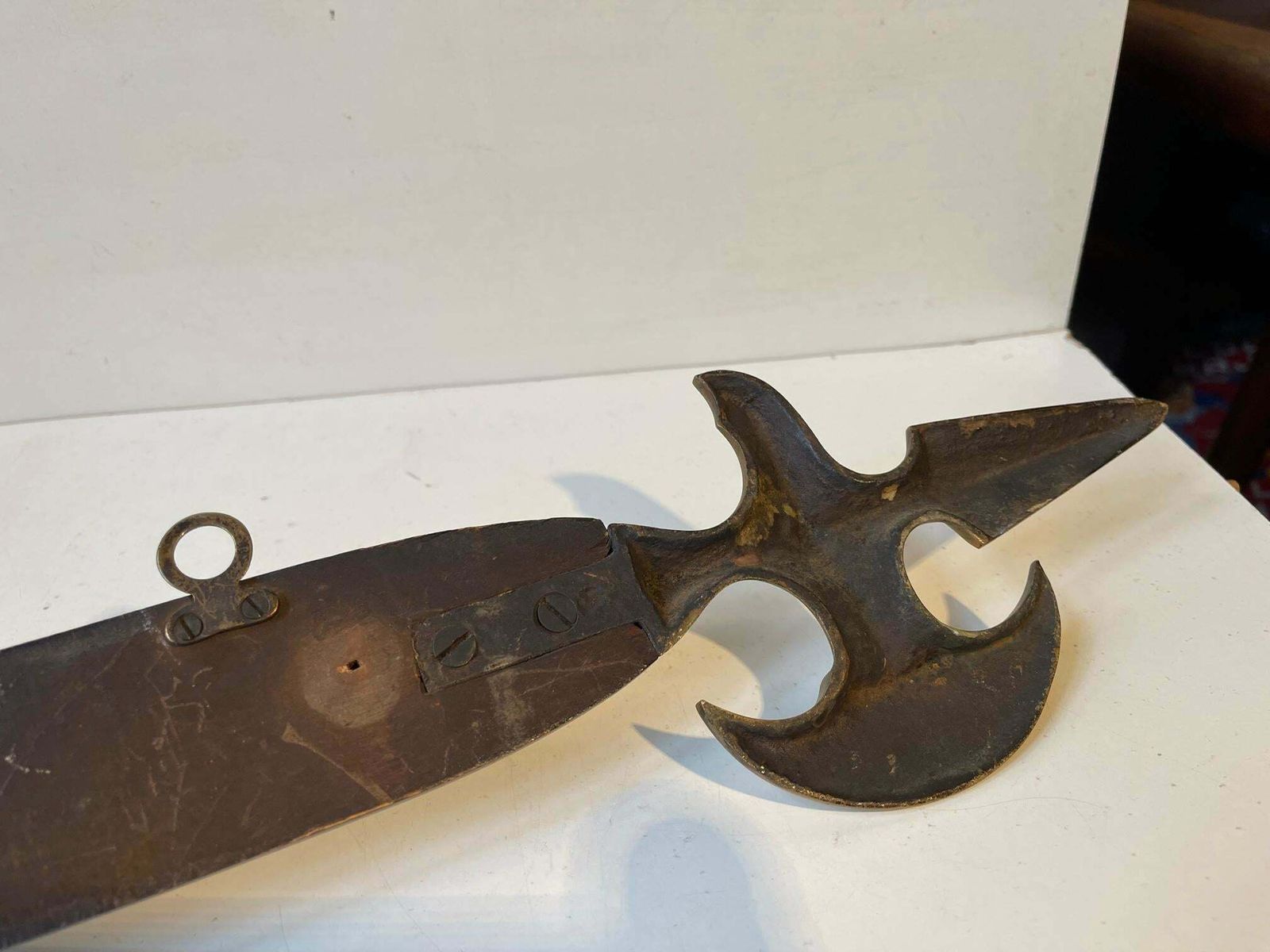 Antique Battle Axe Key Or Towel Rack In Brass And Mahogany photo buy