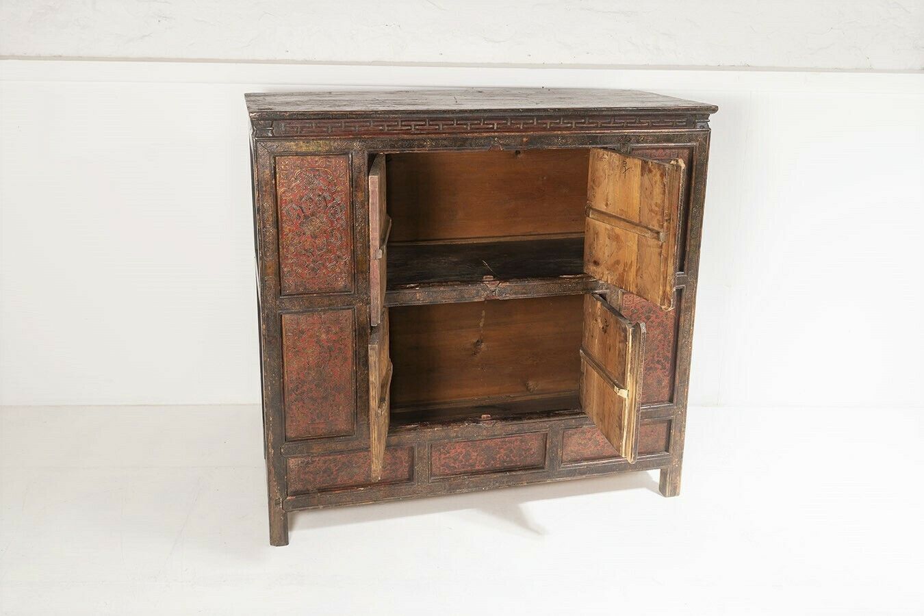 Original 19thc Large Chinese Tibetan Hand Painted Lacquered Alter Cupboard Sideboard photo furniture
