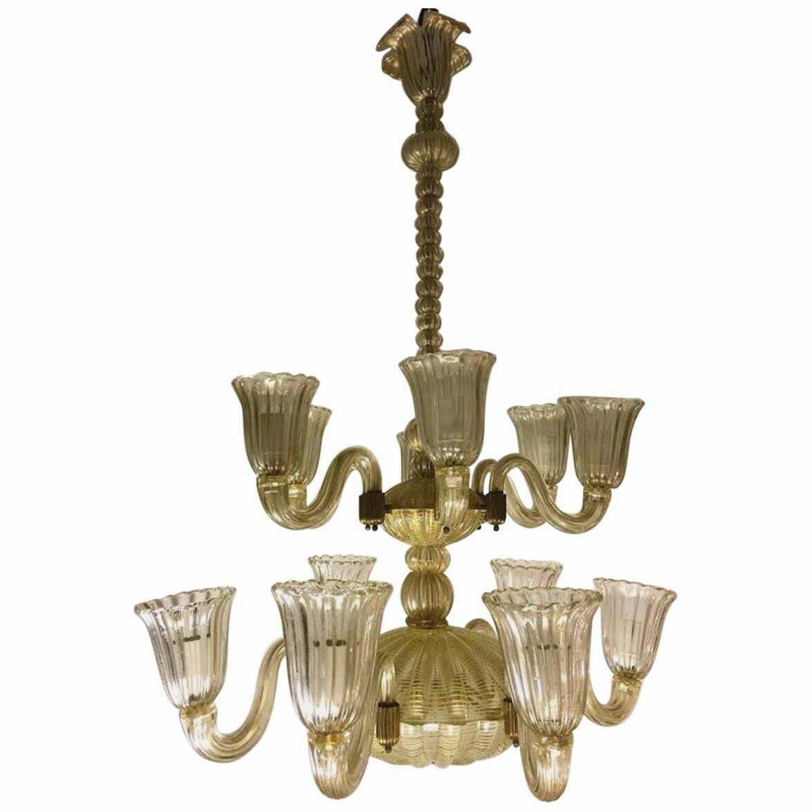 Italian Chandelier Gold Inclusion By Barovier & Toso, Murano, 1940s photo furniture
