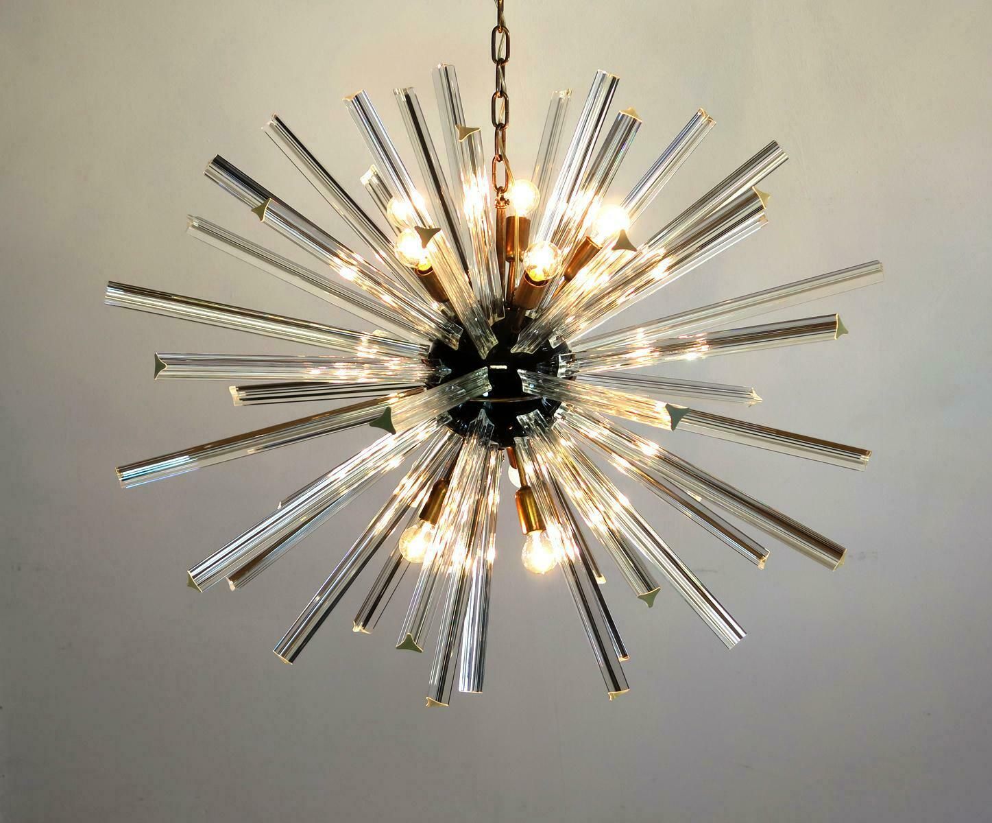 Exceptional Pair Of Glass Sputnik Chandeliers, 50 Crystal Glass ''Triedri'' Murano photo furniture