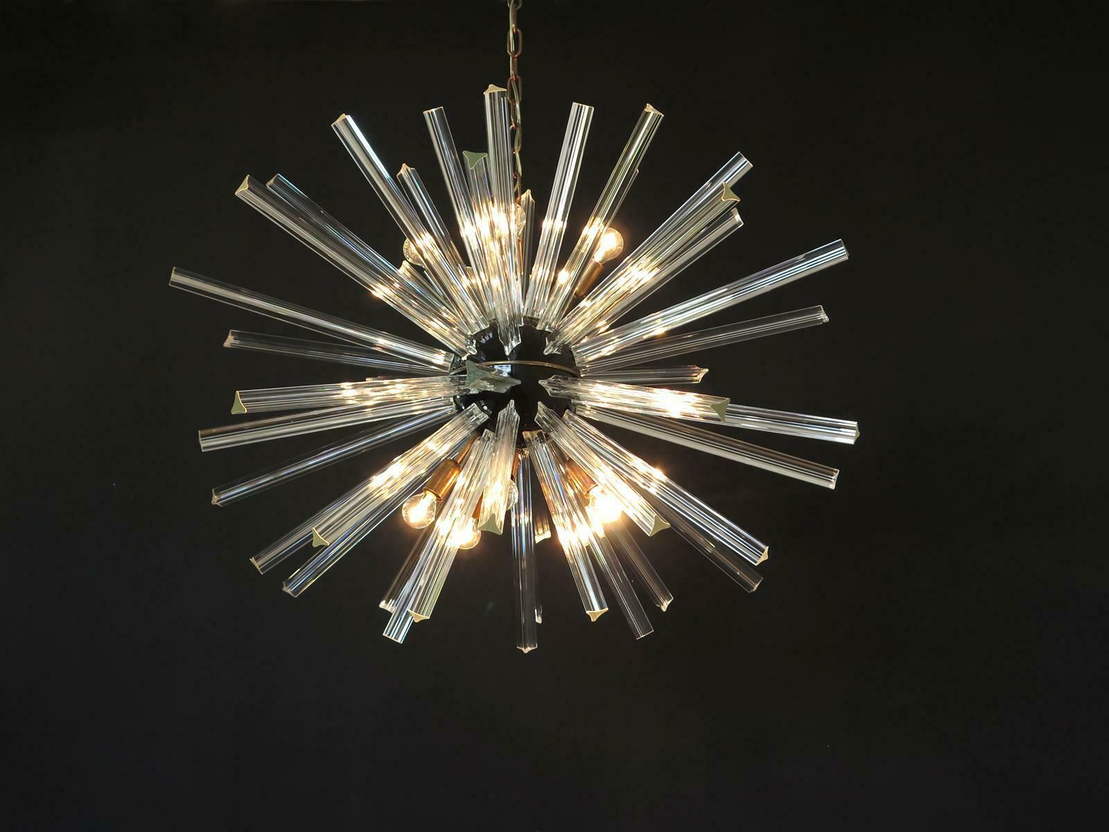 photo for sale Exceptional Pair Of Glass Sputnik Chandeliers, 50 Crystal Glass ''Triedri'' Murano
