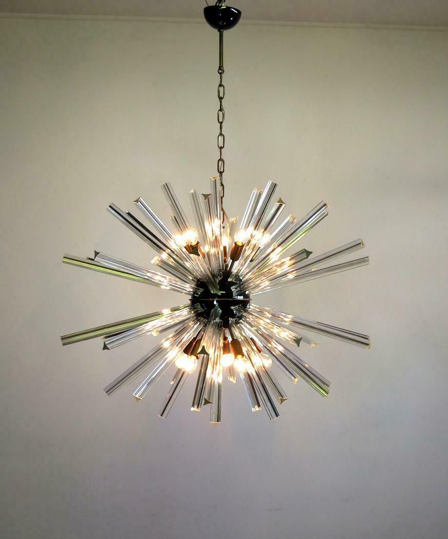 2827.0 Exceptional Pair Of Glass Sputnik Chandeliers, 50 Crystal Glass ''Triedri'' Murano photo