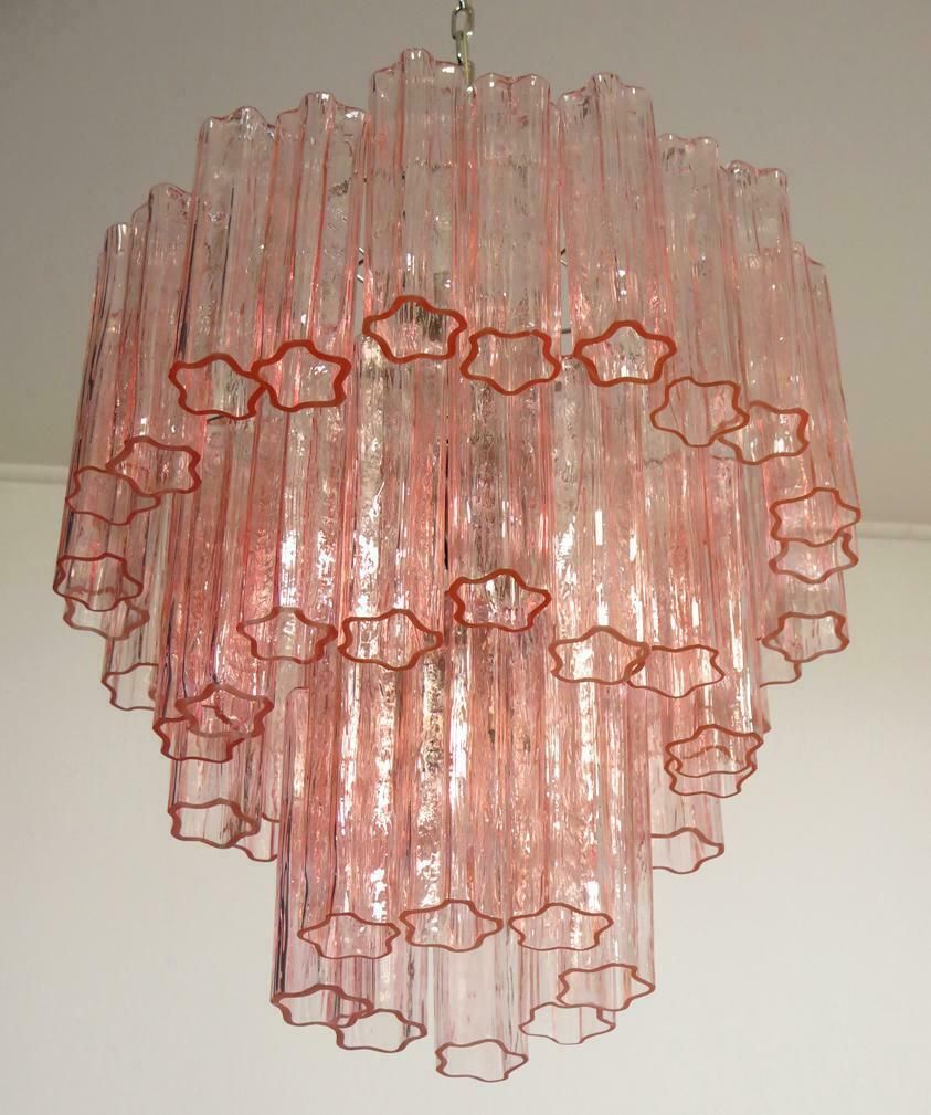Pair Of Tronchi Chandelier Style Toni Zuccheri, 48 Pink Glasses, Murano, 1990 photo vinterior