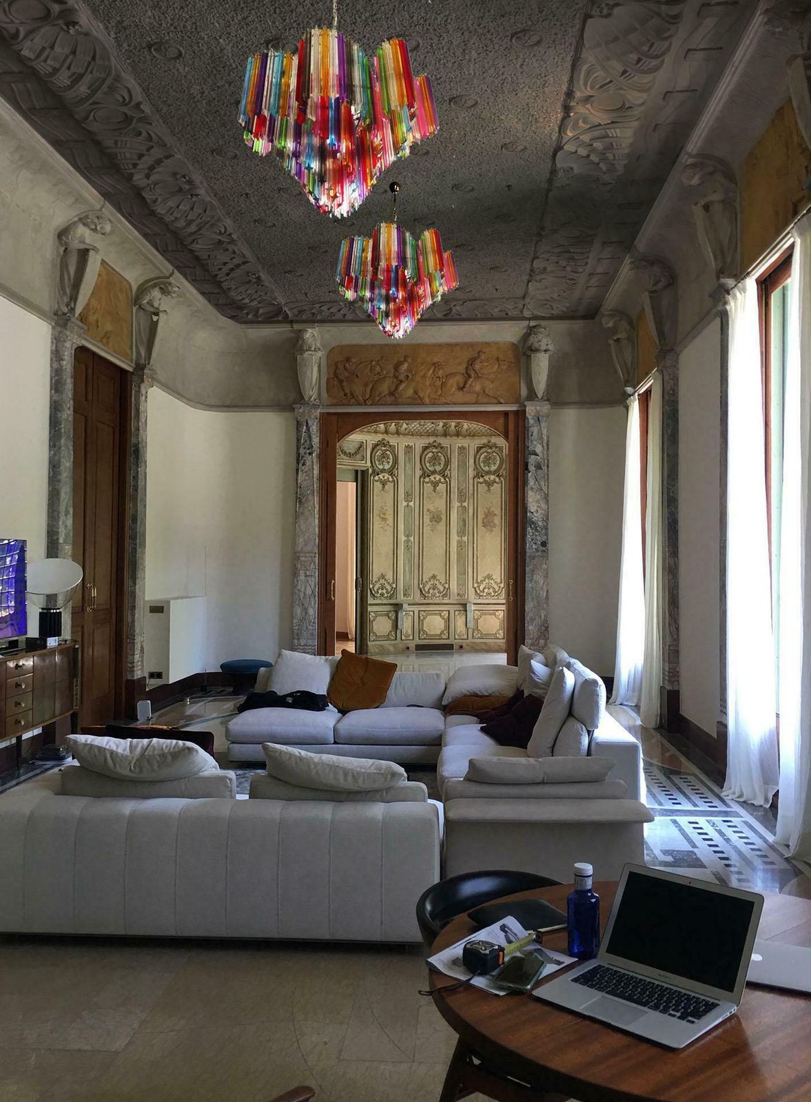 photo furniture Pair Of Italian Chandelier Multicoloured Quadriedri, Murano