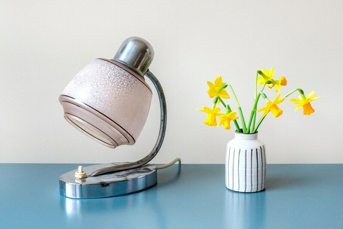 Chrome Gooseneck Table Lamp, 1950s Design, Napako, Pink Frosted Glass Lamp, Mid Century Decorative Desk Lamp, Retro Bedside Lamp photo furniture