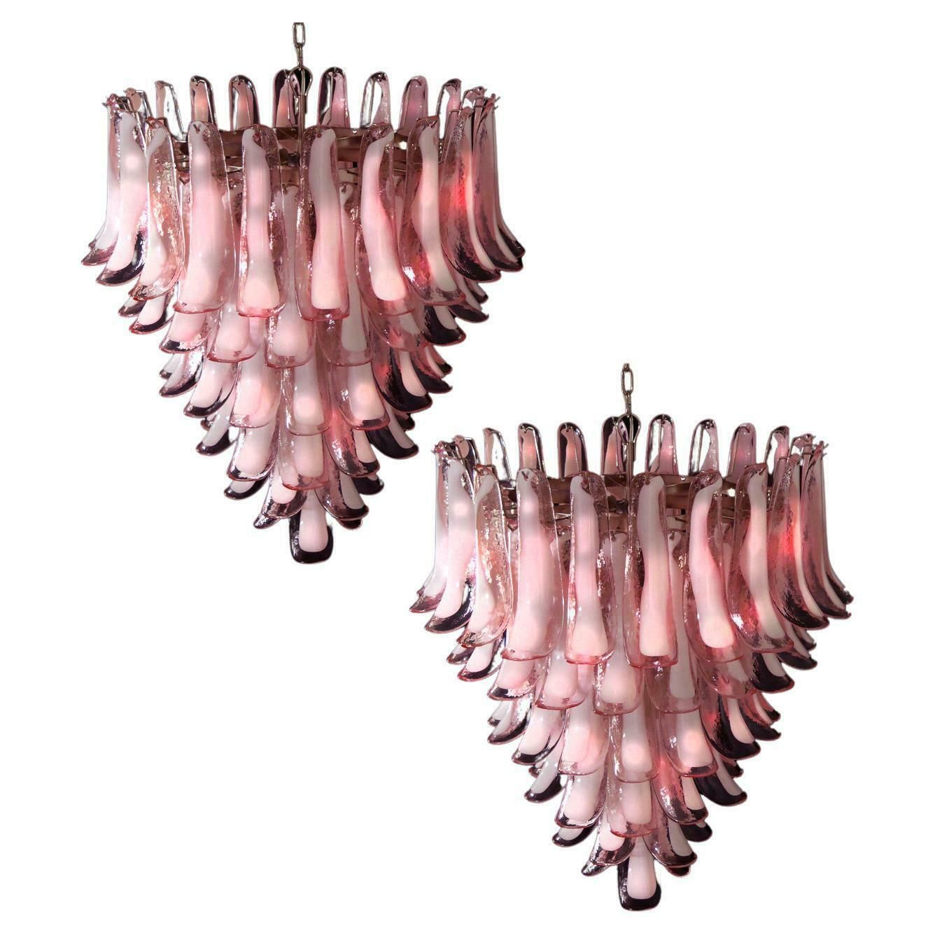 Fabulous Pair Of Italian 75 Pink And White Petal Chandeliers, Murano