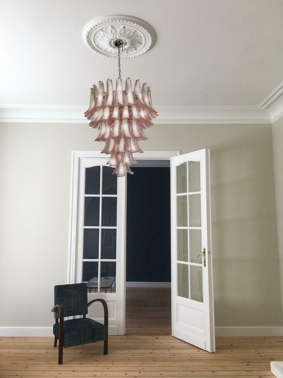Fabulous Pair Of Italian 75 Pink And White Petal Chandeliers, Murano photo buy