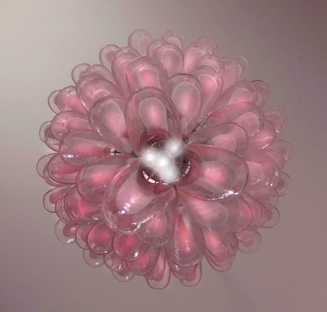 photo for sale Fabulous Pair Of Italian 75 Pink And White Petal Chandeliers, Murano